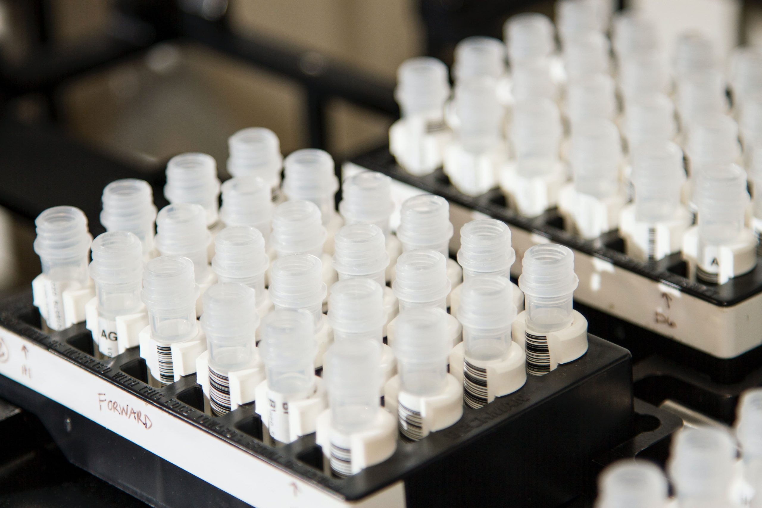 Vials containing DNA samples from studies of the genetic risk for cancer at the Cancer Genomics Research Laboratory, part of the National Cancer Institute's Division of Cancer Epidemiology and Genetics (DCEG)